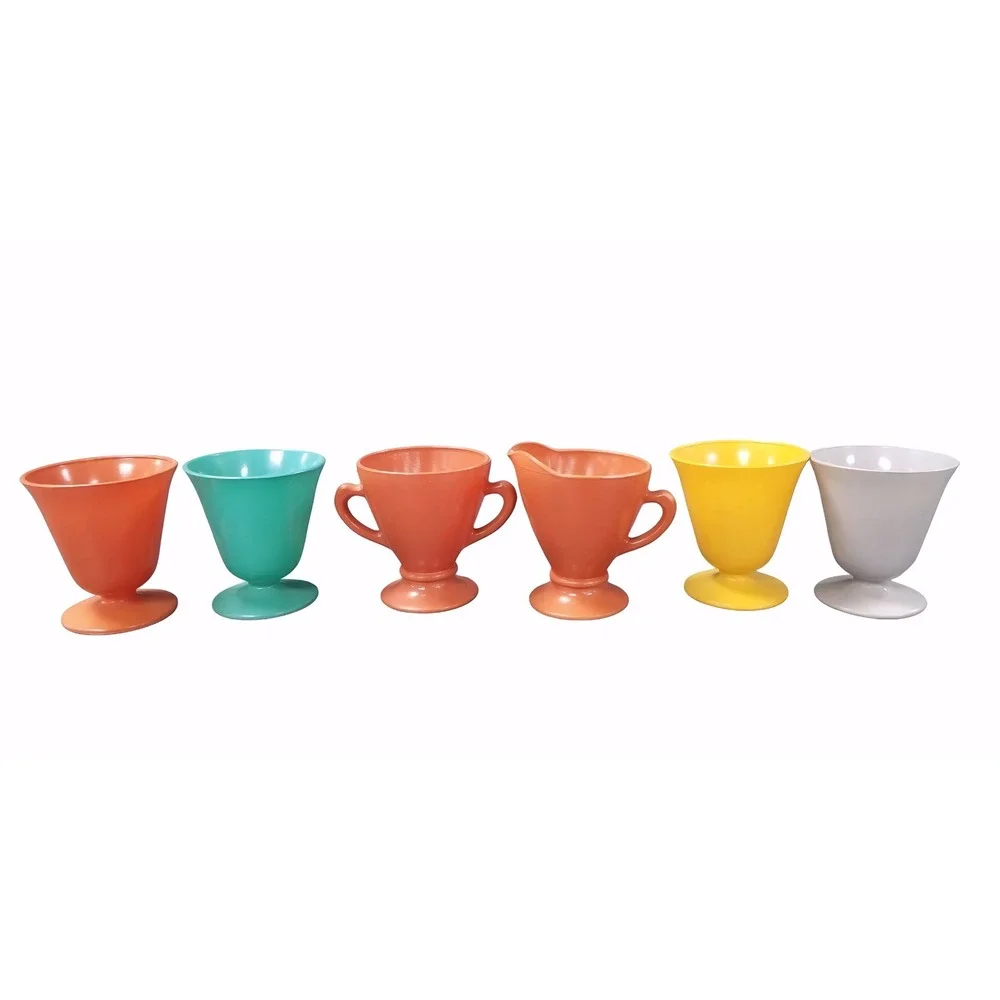 Hazel Atlas Vtg‎ Moderntone Milk Glass Set 6pc Creamer Sugar Cups Multi Color